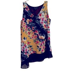 Zac & Rachel Navy and Yellow Floral Sleeveless Blouse Size Small